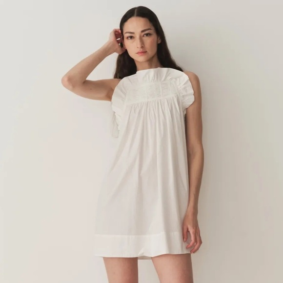 NWT Doen Lynette Cotton Poplin Ruffle Trim Baby Doll Mini Dress Salt - Picture 1 of 10